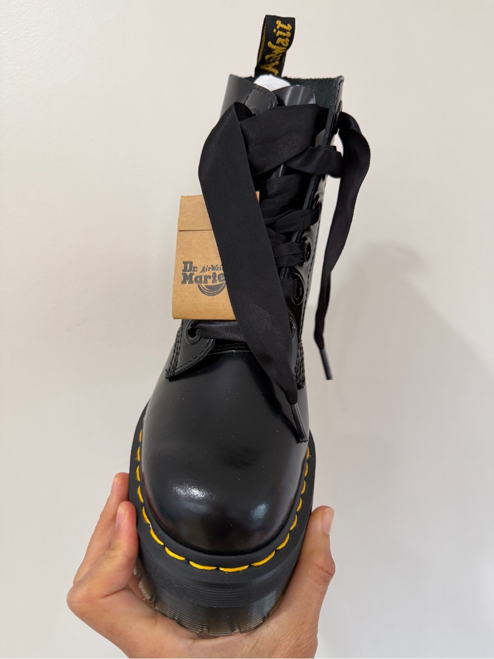 Dr. Martens Black Leather Platform Combat Boots with Yellow Stitching - Picture 2 of 7
